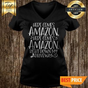 Here Comes Amazon Funny Raglan Christmas V-Neck
