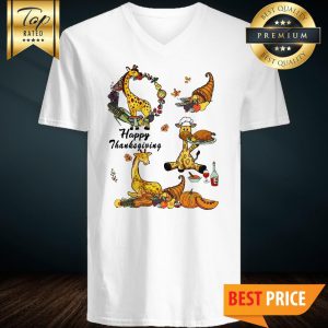 Happy Thanksgiving Giraffe Pumpkin Turkey Wine V-Neck