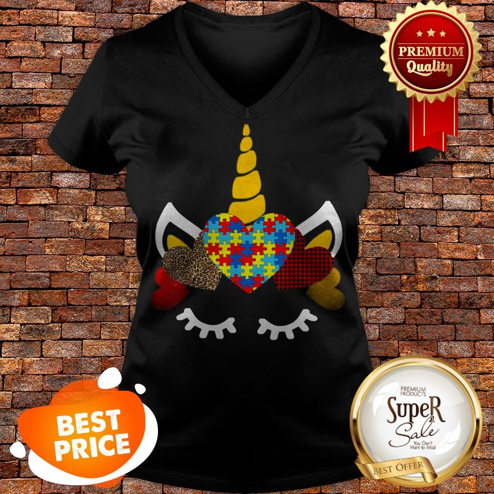 Autism Awareness Unicorn Kids Red Plaid Leopard Print Hearts V-neck Autism Awareness Unicorn Kids Red Plaid Leopard Print Hearts V-neck