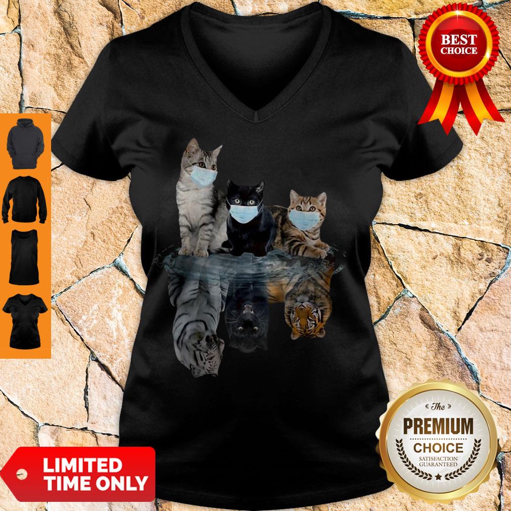Premium Cats Face Mask Water Reflection Tigers V-neck Premium Cats Face Mask Water Reflection Tigers V-neck