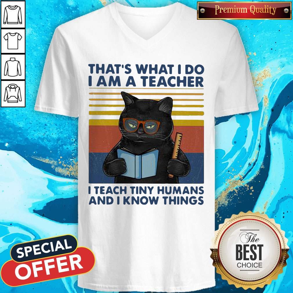 Lovely Cat That’s What I Do I’m A Teacher I Teach Tiny Humans And I Know Things Vintage Retro V-neck