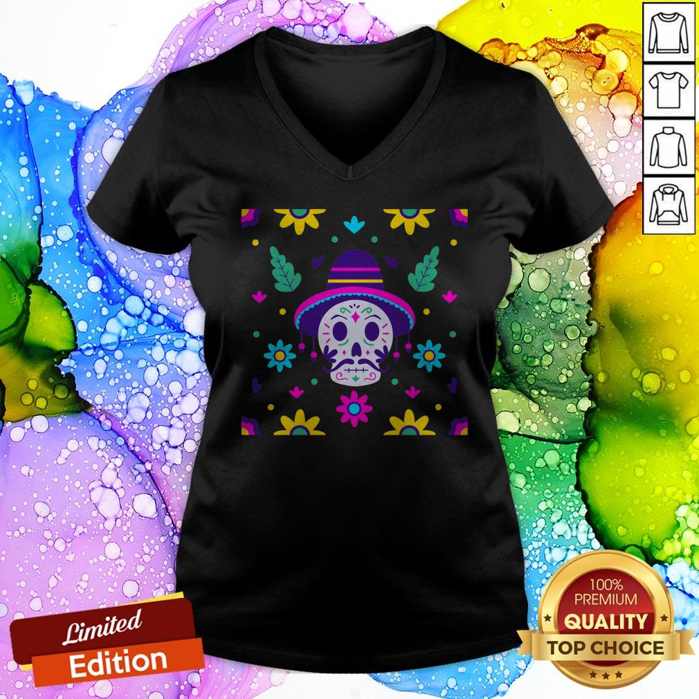 Floral Skull Dia De Los Muertos Day Of The Dead V-neck