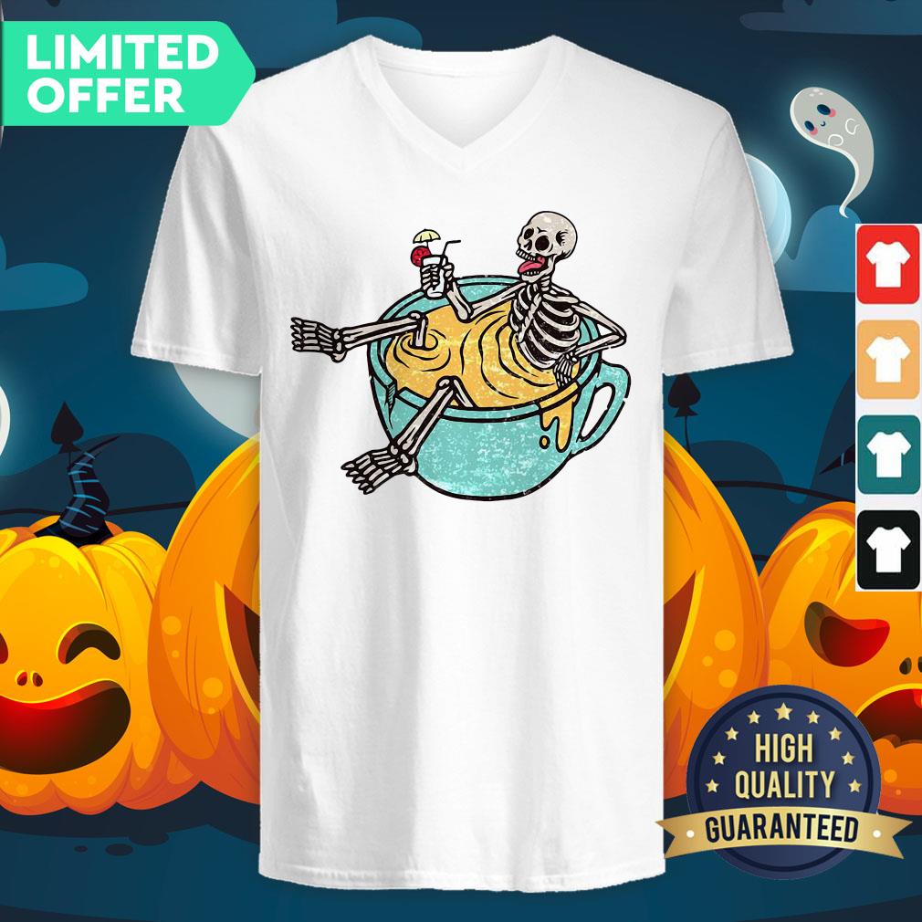 Funny Skeleton Drinking Coffee Dia De Los Muertos Day Dead Halloween V-neck