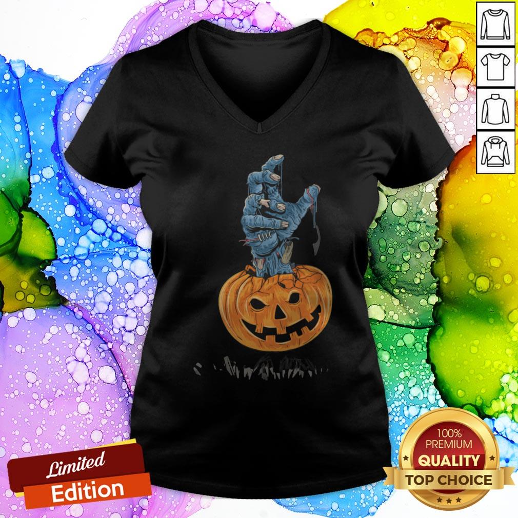 Pumpkin Zombie Hand Halloween Day V-neck