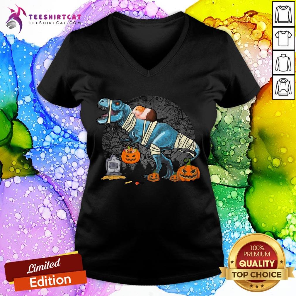 Official Guinea Pig Riding Mummy T Rex Dino Funny Halloween Costume V Neck
