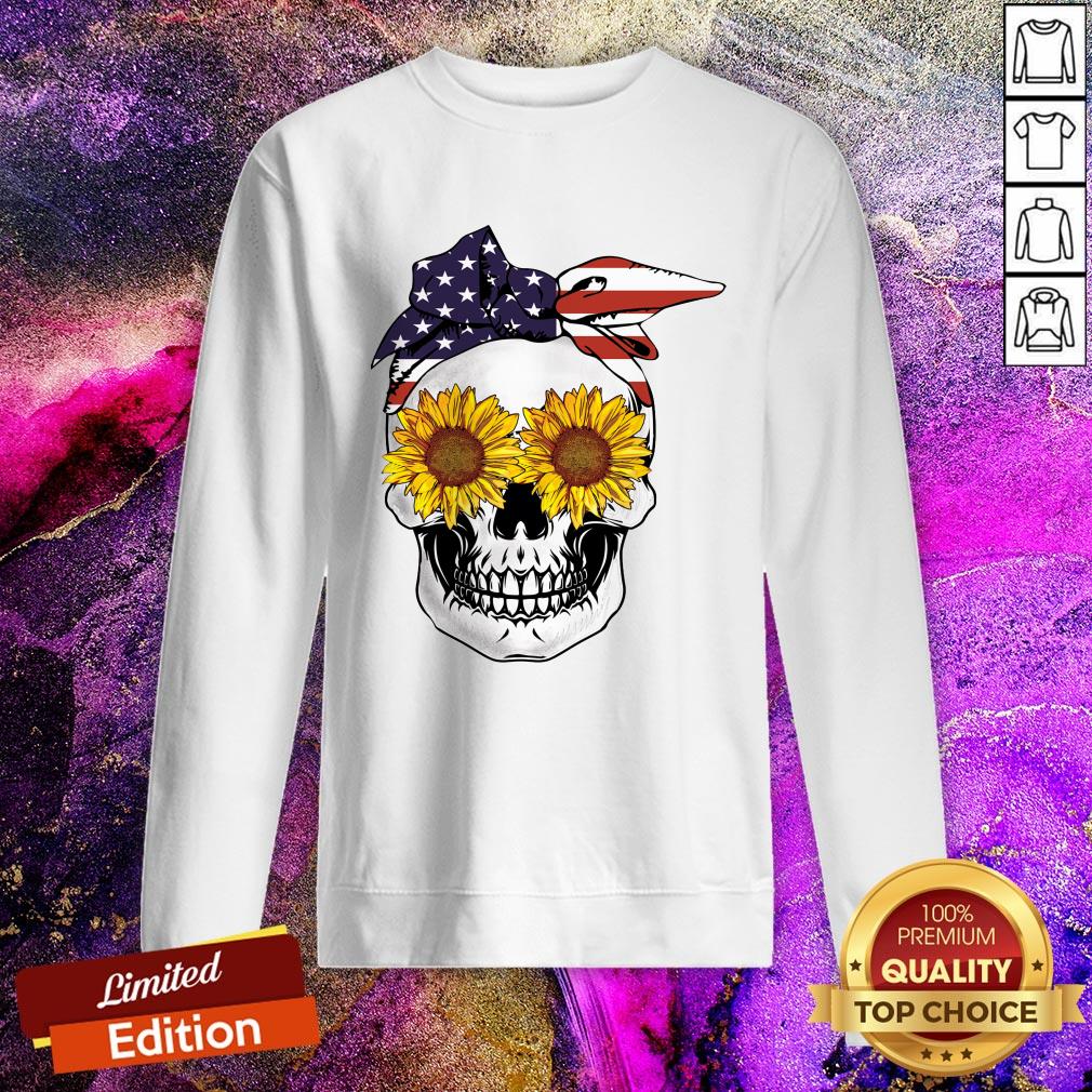 Skull With Usa Bandana And Sunflowers Stars Stripes SweatShirt