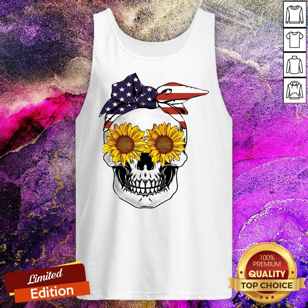 Skull With Usa Bandana And Sunflowers Stars Stripes Tank Top