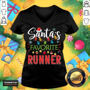 Awesome Santa's Favorite Runner Xmas Light Santa Hat Christmas Gift Santas Favorite Runner T-V Neck- Design By Teeshirtcat.com