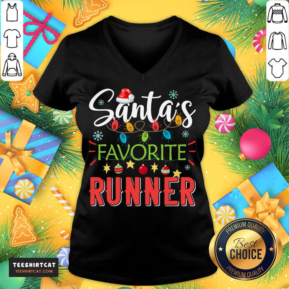 Awesome Santa's Favorite Runner Xmas Light Santa Hat Christmas Gift Santas Favorite Runner T-V Neck- Design By Teeshirtcat.com Awesome Santa's Favorite Runner Xmas Light Santa Hat Christmas Gift Santas Favorite Runner T-V Neck- Design By Teeshirtcat.com