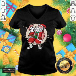 Santa Claus Playing Soccer Funny Christmas Football Control Soccer Santa Claus T-V Neck- Design By Teeshirtcat.com