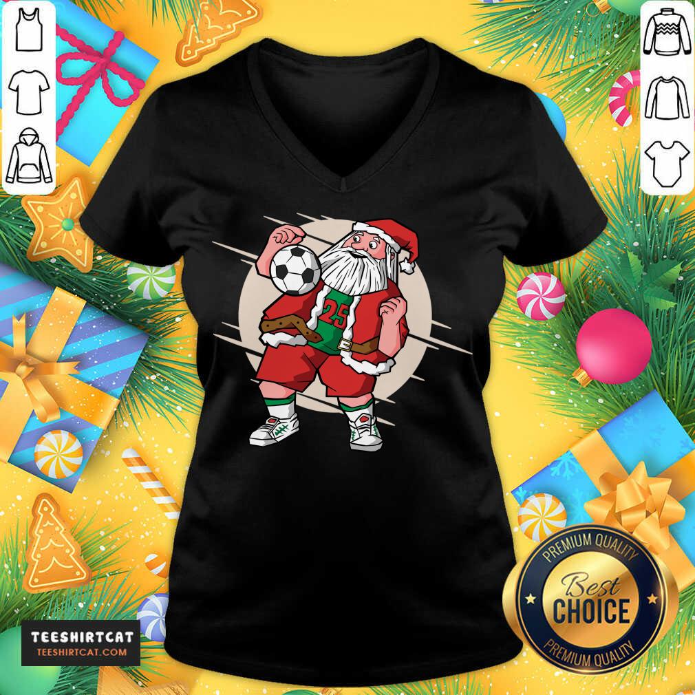 Santa Claus Playing Soccer Funny Christmas Football Control Soccer Santa Claus T-V Neck- Design By Teeshirtcat.com Santa Claus Playing Soccer Funny Christmas Football Control Soccer Santa Claus T-V Neck- Design By Teeshirtcat.com