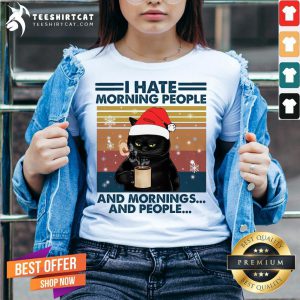 Happy Black Cat Santa Drink Coffee I Hate Morning People And Mornings And People Vintage V Neck- Design By Teeshirtcat.com