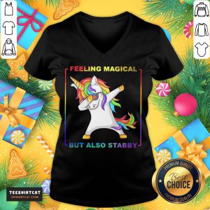 Happy LGBT Unicorn Dabbing Feeling Magical But Also Stabby V Neck - Design By Teeshirtcat.com