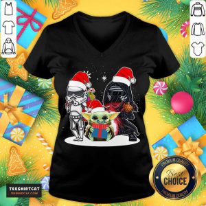 Baby Yoda And Darth Vader Stormtrooper Merry Christmas Light V Neck- Design By Teeshirtcat.com