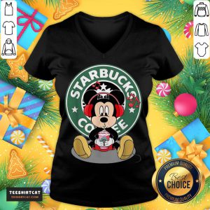 Nice Mickey Mouse Drinking Starbucks Coffee And Listening Music V Neck- Design By Teeshirtcat.com