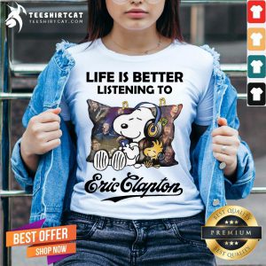 Nice Snoopy And Woodstock Life Is Better Listening To Eric Clapton V Neck- Design By Teeshirtcat.com