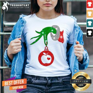 Official Hand Grinch Holding Ball Apple Diamond Christmas V Neck- Design By Teeshirtcat.com