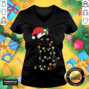 Black Cat Santa Light Merry Christmas V Neck- Design By Teeshirtcat.com