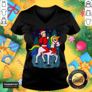 Original Women Santa Claus Riding A Unicorn Ugly Christmas V Neck - Design By Teeshirtcat.com