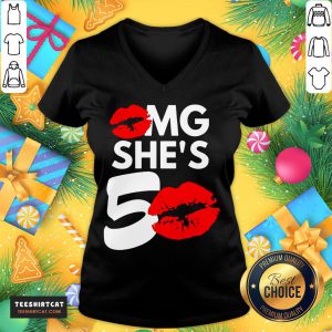 Premium Lip Omg She's 50 50th Birthday V Neck- Design By Teeshirtcat.com
