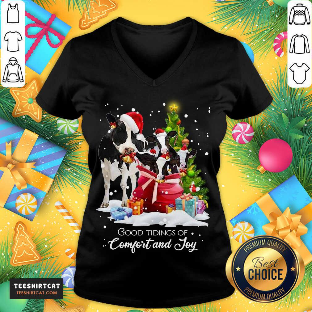 Cows Santa Good Tiding Of Comfort And Joy Merry Christmas Tree Gift V Neck- Design By Teeshirtcat.com Cows Santa Good Tiding Of Comfort And Joy Merry Christmas Tree Gift V Neck- Design By Teeshirtcat.com