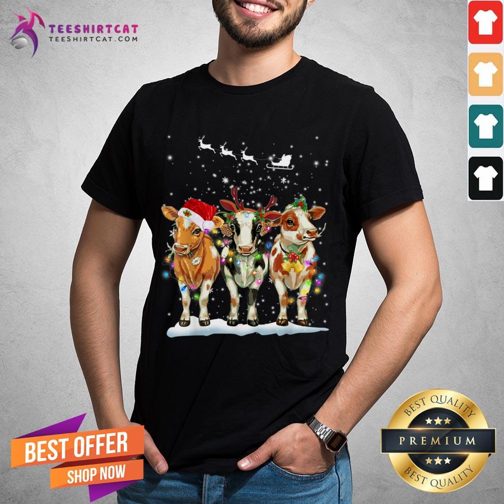 Top Cows Reindeer Christmas Lights Hat Santa for Cow Lover Xmas Gifts Cows Reindeer Christmas Lights T-Shirt- Design By Teeshirtcat.com