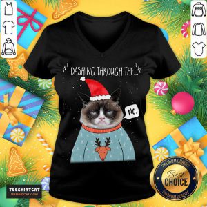 Cat Santa Dashing Through The No Merry Christmas V Neck- Design By Teeshirtcat.com