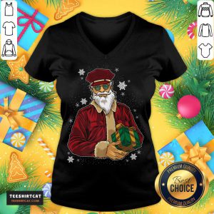 Cool Santa Police Officer Giving Gift On Xmas Santa T-V Neck- Design By Teeshirtcat.com