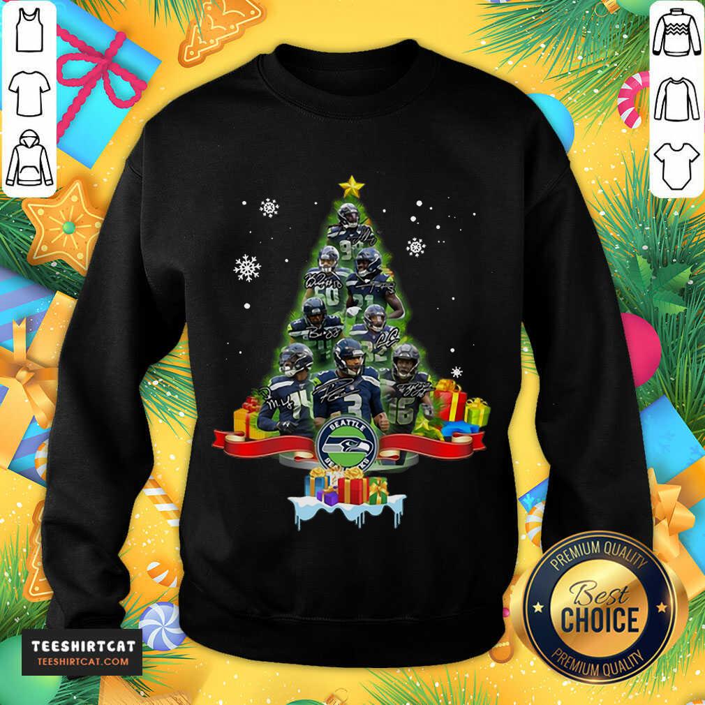 Seattle Seahawks Player Signatures Christmas Tree Sweatshirt- Design By Teeshirtcat.com