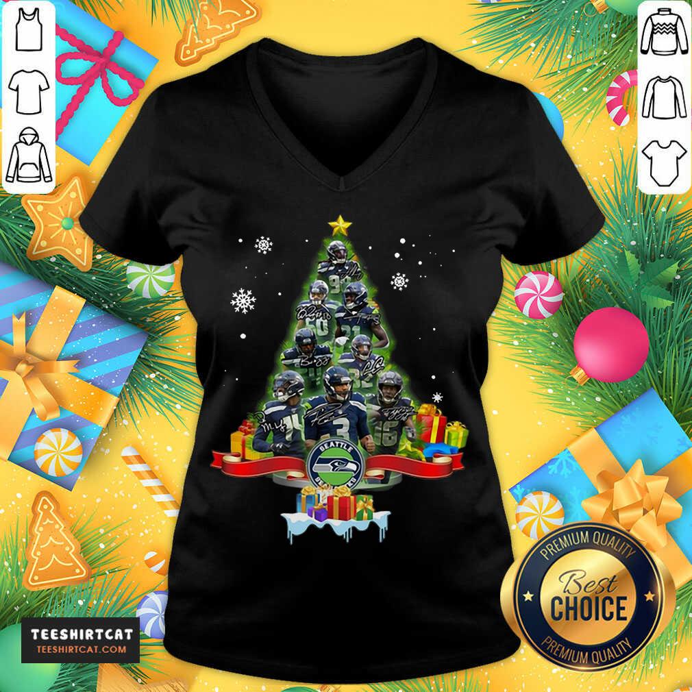 Seattle Seahawks Player Signatures Christmas Tree V Neck- Design By Teeshirtcat.com