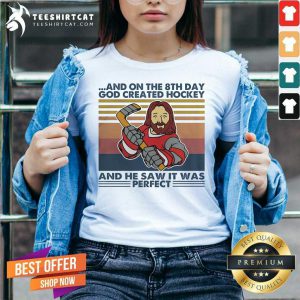 And On The 8Th Day God Created Hockey And He Saw It Was Perfect Vintage V Neck- Design By Teeshirtcat.com