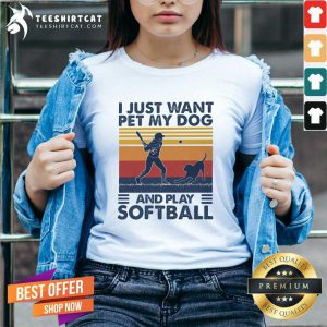 I Just Want Pet My Dog And Play Softball Vintage V Neck- Design By Teeshirtcat.com