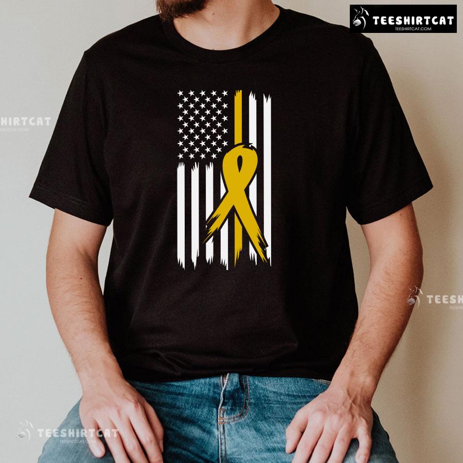 Childhood Cancer Awareness American Flag Yellow Ribbon T-Shirt