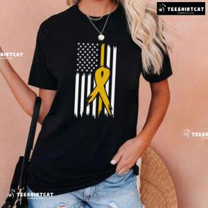 Childhood Cancer Awareness American Flag Yellow Ribbon T-Shirt