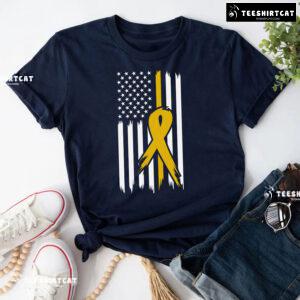 Childhood Cancer Awareness American Flag Yellow Ribbon T-Shirt