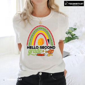 Hello Second Grade Rainbow Crayon Pen Ball Glue Backpack Back To School T-Shirt