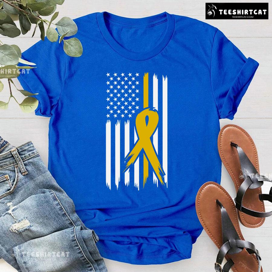 Childhood Cancer Awareness American Flag Yellow Ribbon T-Shirt