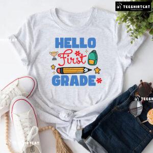 Hello First Grade 1st Grade Student Pencil Backpack Trophy Back To School T-Shirt