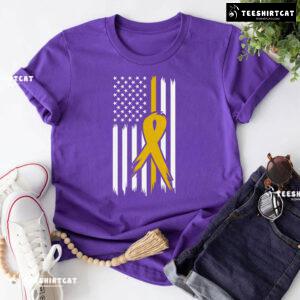 Childhood Cancer Awareness American Flag Yellow Ribbon T-Shirt