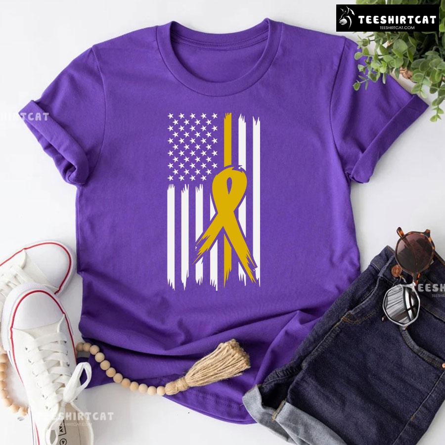 Childhood Cancer Awareness American Flag Yellow Ribbon T-Shirt