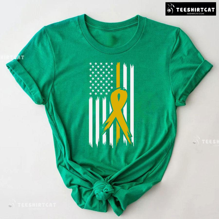 Childhood Cancer Awareness American Flag Yellow Ribbon T-Shirt