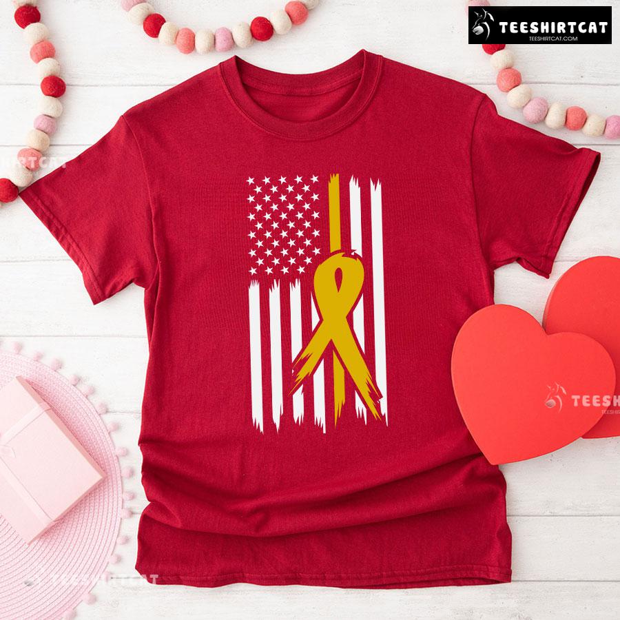 Childhood Cancer Awareness American Flag Yellow Ribbon T-Shirt
