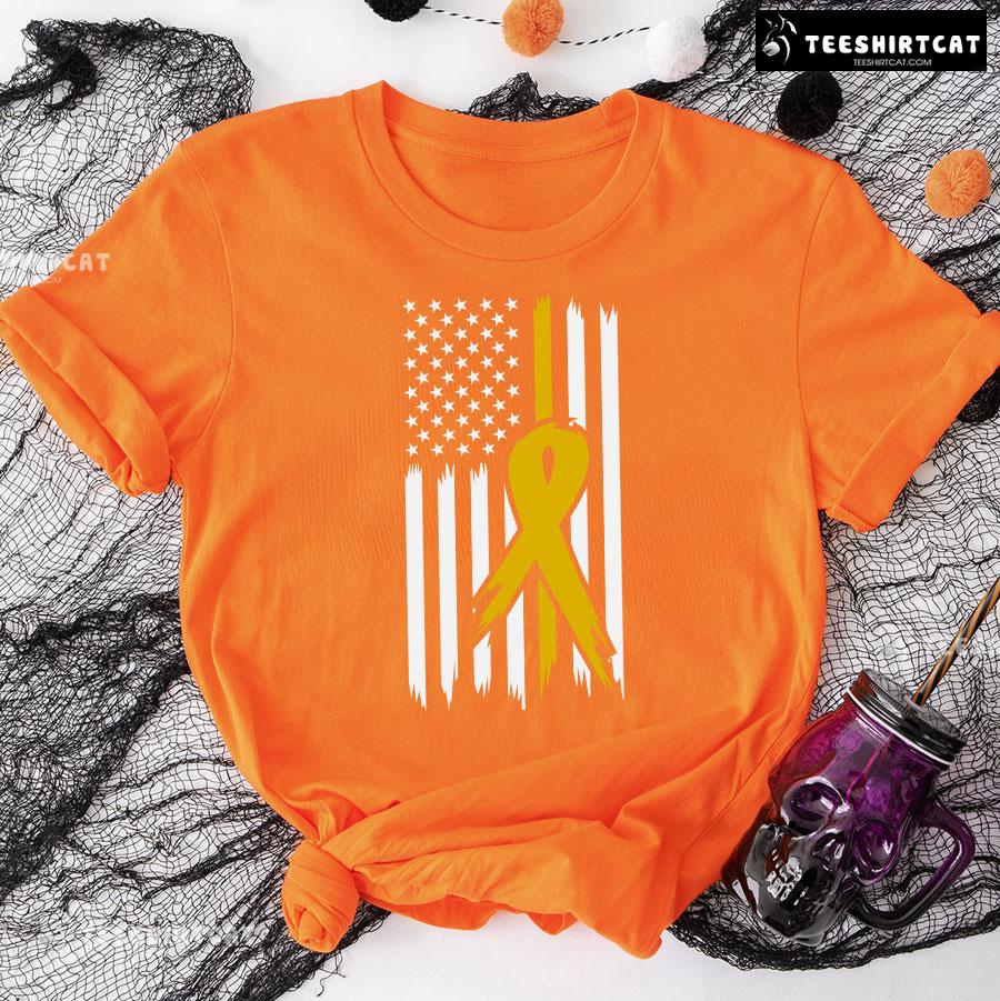 Childhood Cancer Awareness American Flag Yellow Ribbon T-Shirt