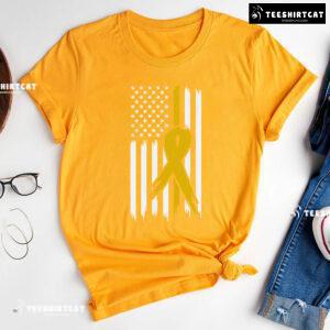 Childhood Cancer Awareness American Flag Yellow Ribbon T-Shirt