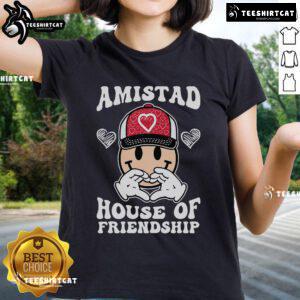 Happy Amistad House of Friendship ladies tee showcasing vibrant school spirit, perfect for proud supporters.