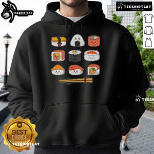 Happy sushi anime kawaii set hoodie for Japanese food lovers and otaku manga fans, featuring colorful, cute sushi designs.
