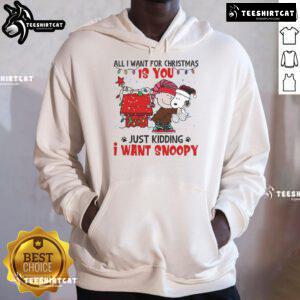 Cozy Snoopy Christmas hoodie featuring 'All I Want For Christmas Is You' design, perfect for holiday festivities.
