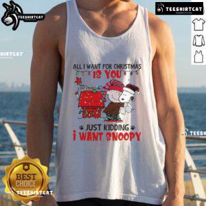 Snoopy Christmas tank top featuring 'All I Want For Christmas Is You' text, perfect for festive holiday wear.