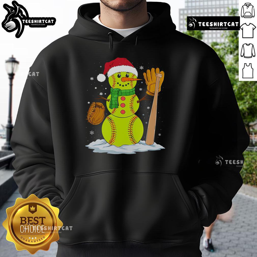 Festive Christmas snowman dressed as a softball pitcher wearing a cozy Xmas hoodie, perfect for winter celebrations.