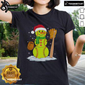 Adorable Christmas snowman as a softball pitcher on a ladies tee, perfect for festive sports enthusiasts.